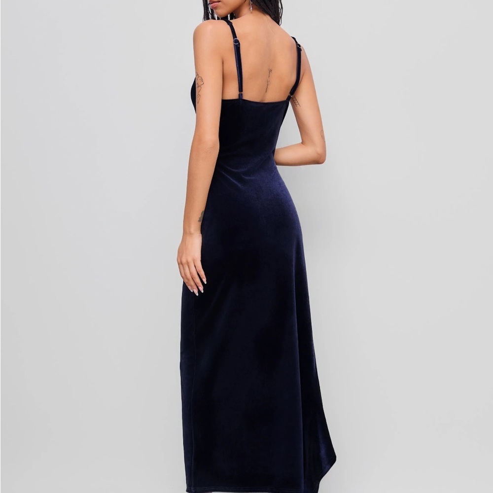 VELVET NAVY INDIGO V-NECK SPLIT RUFFLE HEM MAXI SLEEVELESS V NECK DRESS - Picture 5 of 8
